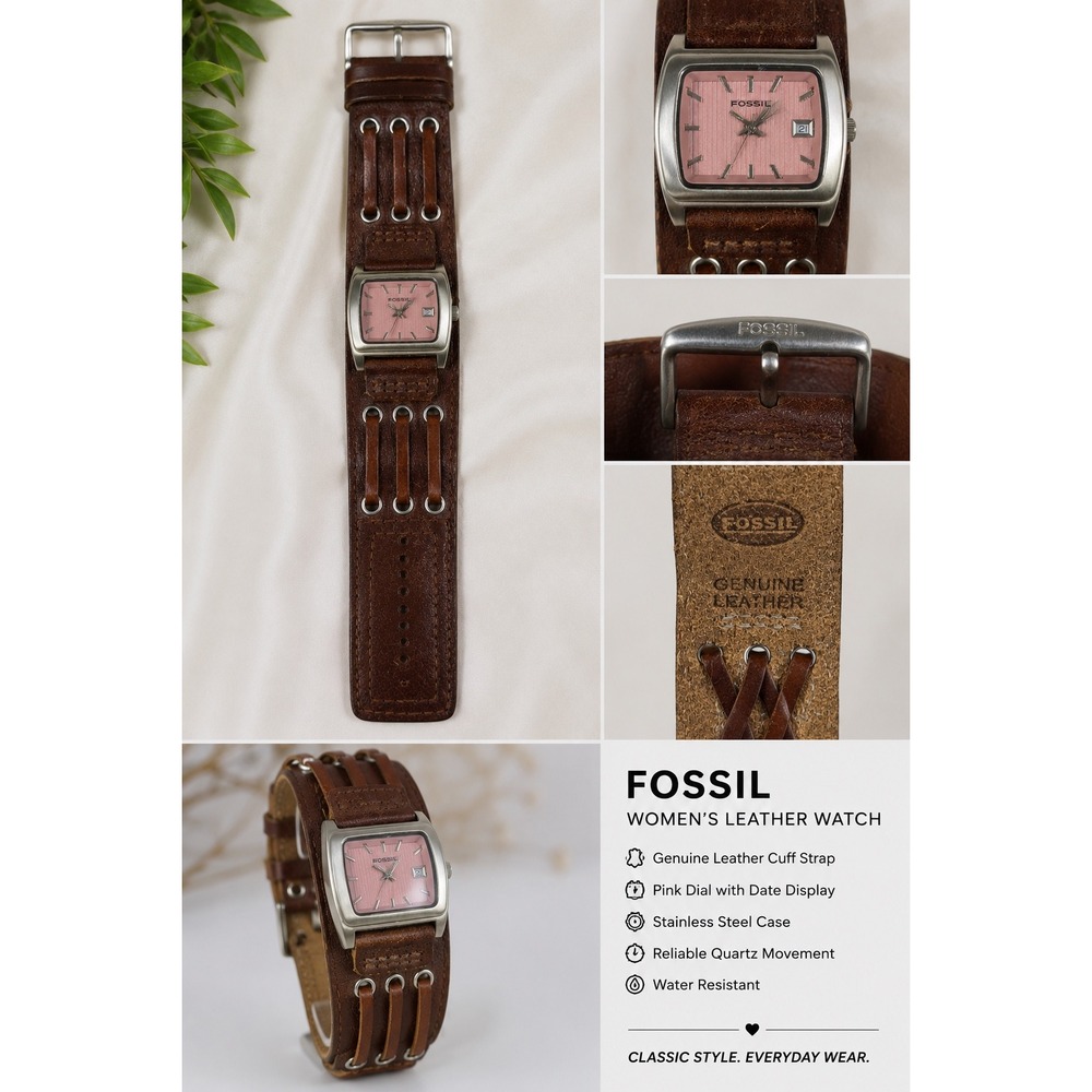 Fossil Womens Leather Cuff Watch Pink Dial Stainless Steel Brown JR-8641 Y2K